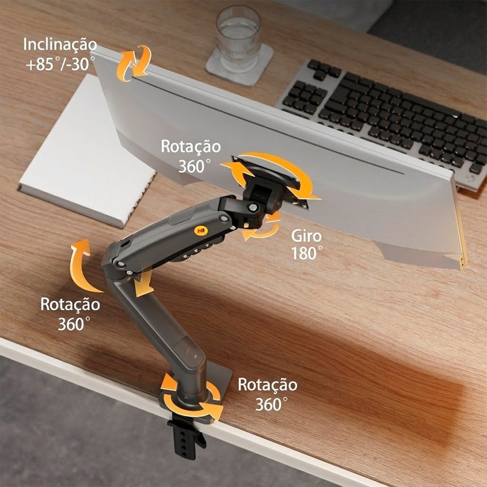 Imagem 4 de 6 do produto Suporte de Mesa Articulado para Monitor de 17" a 32" North Bayou, Ajustes com Pistão a Gás, Grafite - F80 NB