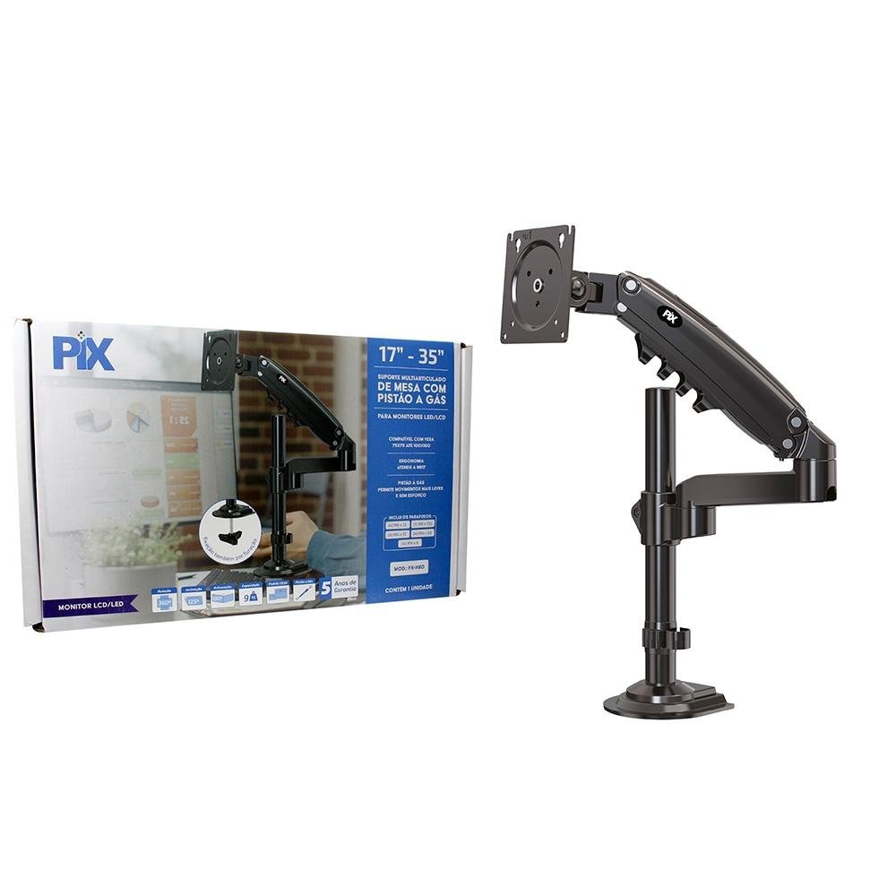 Imagem 2 de 7 do produto Suporte de Mesa Ajustavel com Pistao a Gas Para Monitor PIX, 17" à 35", Preto - PX-H80