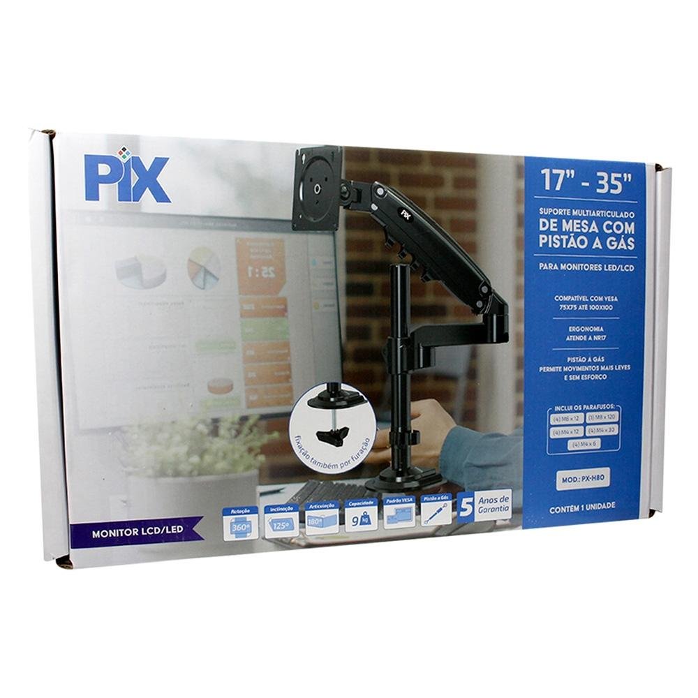 Imagem 3 de 7 do produto Suporte de Mesa Ajustavel com Pistao a Gas Para Monitor PIX, 17" à 35", Preto - PX-H80