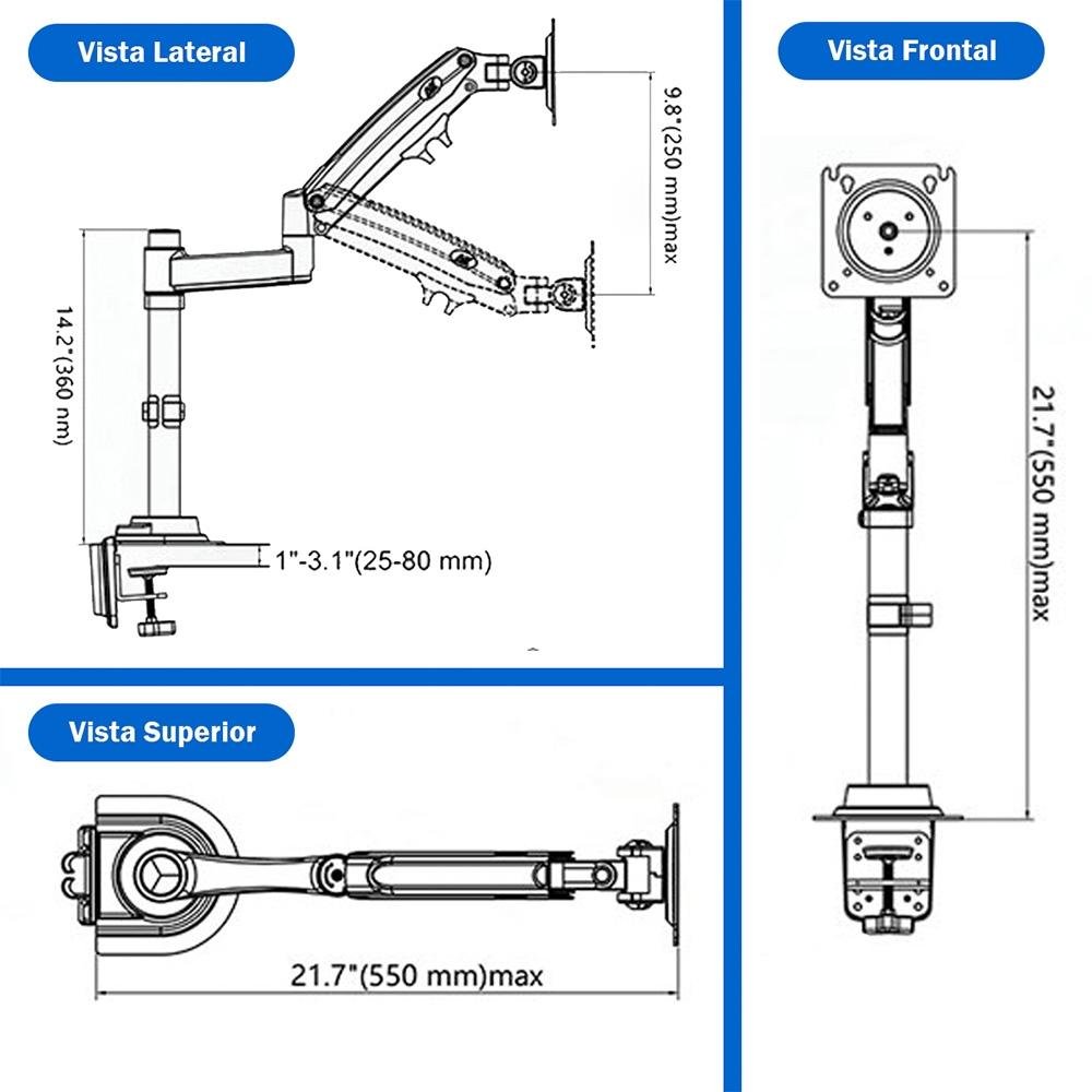 Imagem 5 de 7 do produto Suporte de Mesa Ajustavel com Pistao a Gas Para Monitor PIX, 17" à 35", Preto - PX-H80