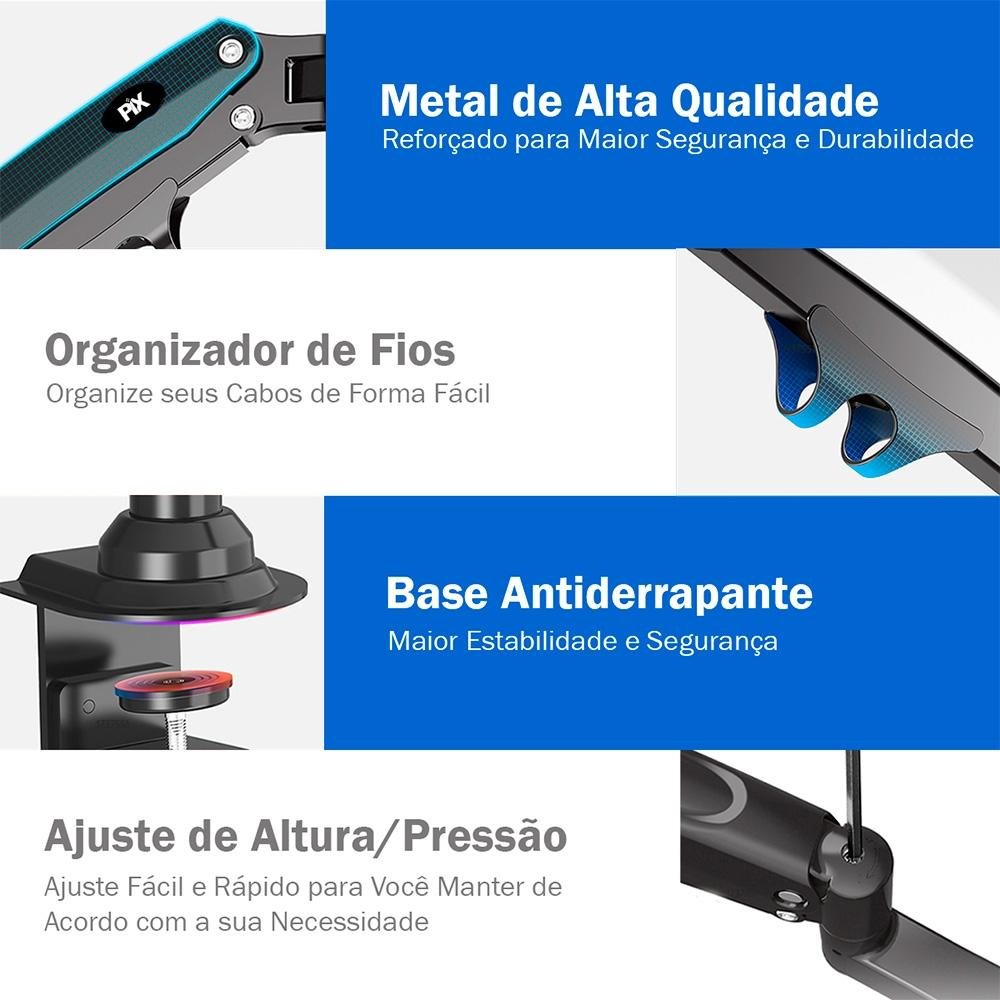 Suporte de Mesa Ajustavel com Pistao a Gas Para 2 Monitores PIX, 17 à 35, Preto - PX-H160 - view 6