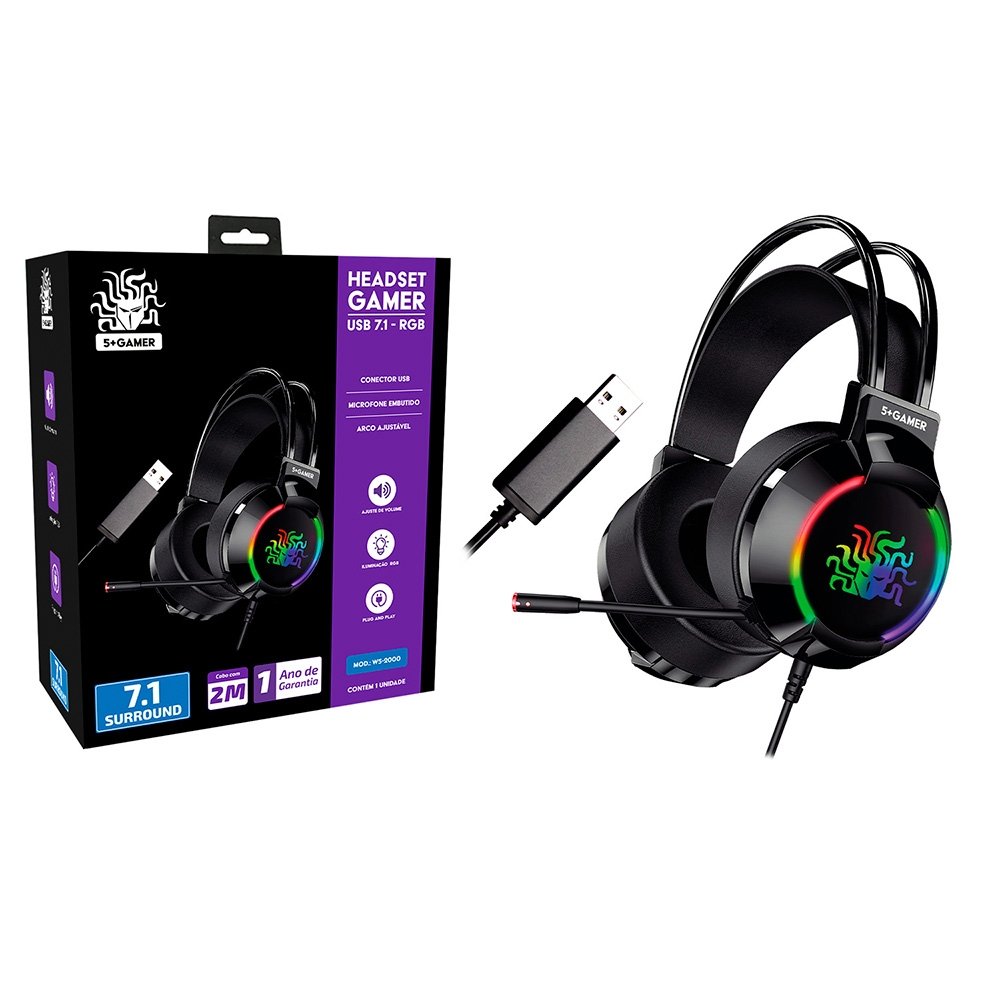 Imagem 2 de 3 do produto Headset Gamer 5+ W5-2000, RGB, 7.1 Surround, Drivers 50mm, USB, Preto - 015-0084