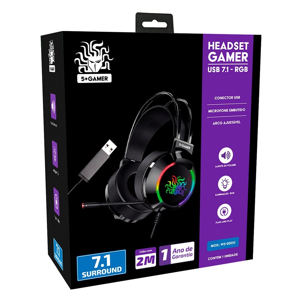 Headset Gamer 5+ W5-2000, RGB, 7.1 | KaBuM!