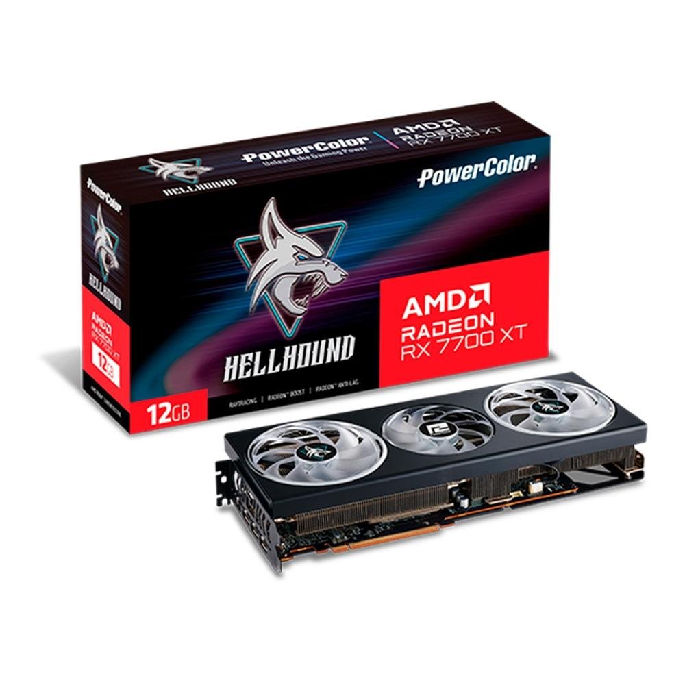 Placa de Vídeo RX 7700 XT Hellhound PowerColor AMD Radeon, 12GB GDDR6, Ray Tracing - RX7700XT 12G-L/OC Placa de Vídeo RX 7700 XT Hellhound PowerColor AMD Radeon, 12GB GDDR6, Ray Tracing - RX7700XT 12G-L/OC