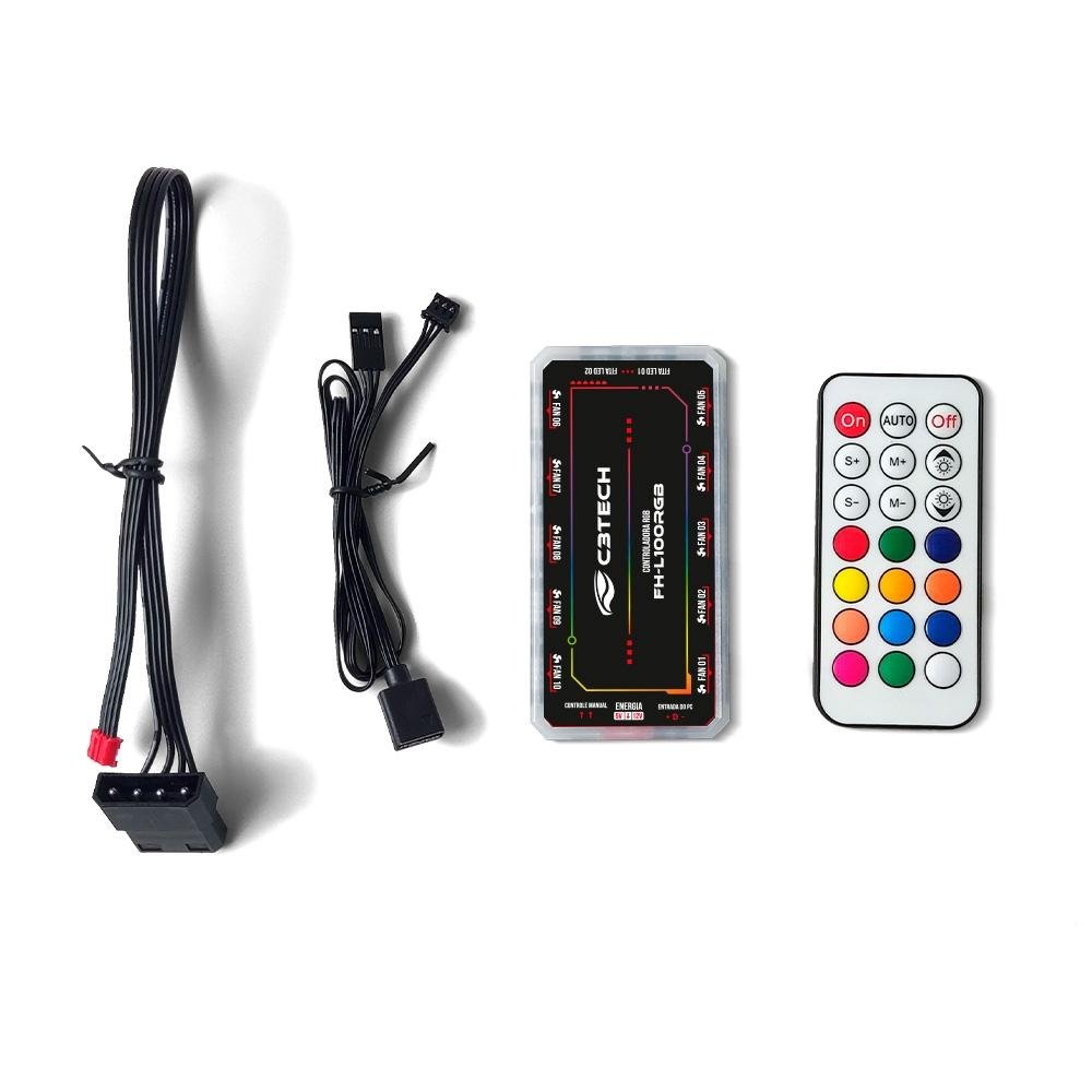 Imagem 3 de 4 do produto Controlador de Fan C3Tech, Conector ARGB, Conexão de 10 Coolers, 2 fitas Leds, Controle Remoto - FH-L100RGB