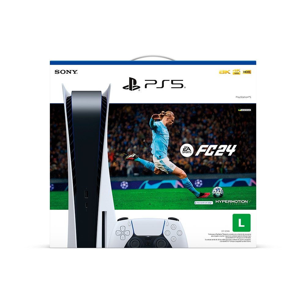Console PlayStation 5 Sony, SSD 825GB, Controle sem fio DualSense, Com Mídia Física + Jogo EA Sports FC 24 Console PlayStation 5 Sony, SSD 825GB, Controle sem fio DualSense, Com Mídia Física + Jogo EA Sports FC 24