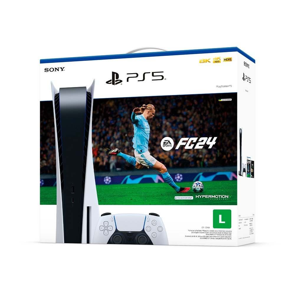 Console PlayStation 5 Sony, SSD 825GB, Controle sem fio DualSense, Com Mídia Física + Jogo EA Sports FC 24 Console PlayStation 5 Sony, SSD 825GB, Controle sem fio DualSense, Com Mídia Física + Jogo EA Sports FC 24
