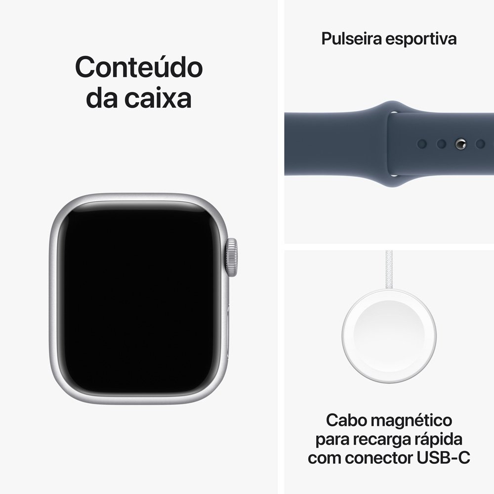 Imagem 10 de 11 do produto Apple Watch Series 9 41mm GPS Caixa Prateada de Alumínio, Pulseira Esportiva Azul-tempestade, Tamanho M/G, Neutro em Carbono - MR913BZ/A