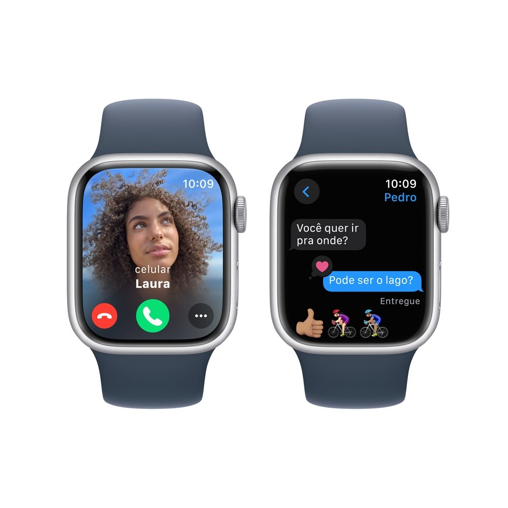 Apple Watch Series 9 41mm GPS Caixa Prateada de Alumínio, Pulseira Esportiva Azul-tempestade, Tamanho M/G, Neutro em Carbono - MR913BZ/A Apple Watch Series 9 41mm GPS Caixa Prateada de Alumínio, Pulseira Esportiva Azul-tempestade, Tamanho M/G, Neutro em Carbono - MR913BZ/A