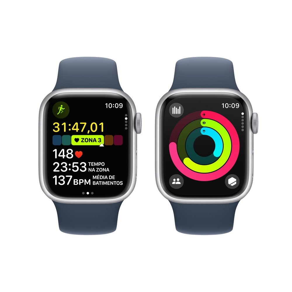 Imagem 8 de 11 do produto Apple Watch Series 9 41mm GPS Caixa Prateada de Alumínio, Pulseira Esportiva Azul-tempestade, Tamanho M/G, Neutro em Carbono - MR913BZ/A