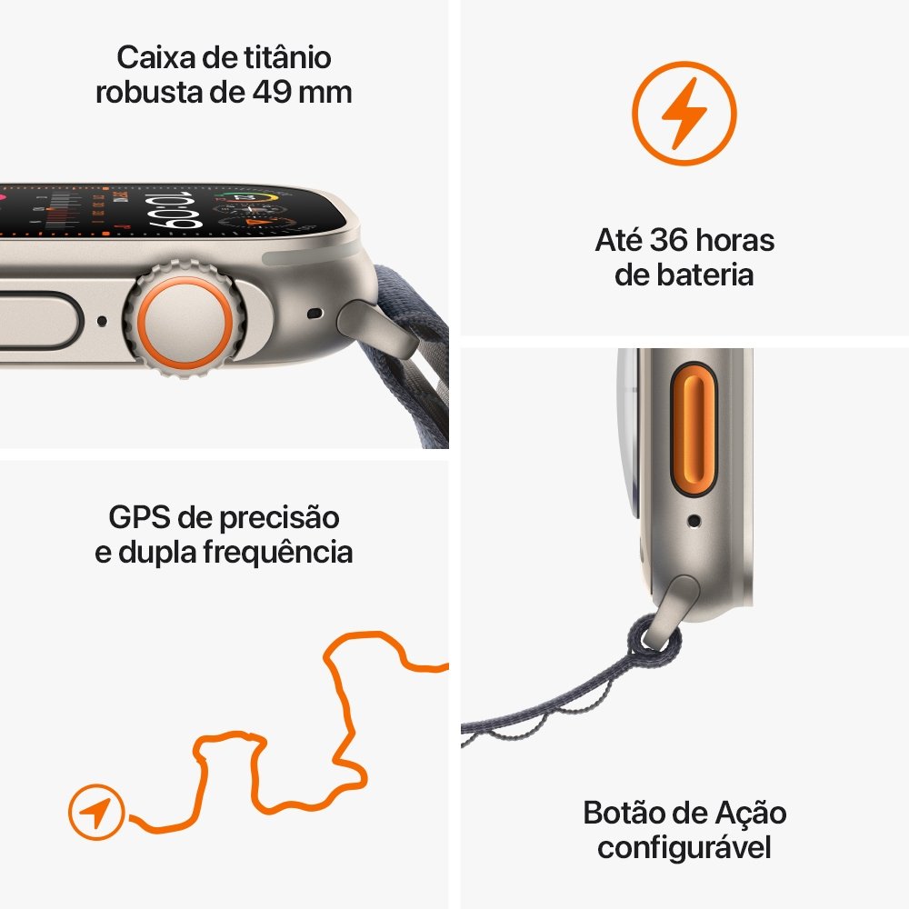 Imagem 8 de 10 do produto Apple Watch Ultra 2 49mm GPS + Cellular, Caixa de Titânio, Pulseira Loop Trail Laranja/bege, Tamanho M/G, Neutro em Carbono - MRF23BZ/A