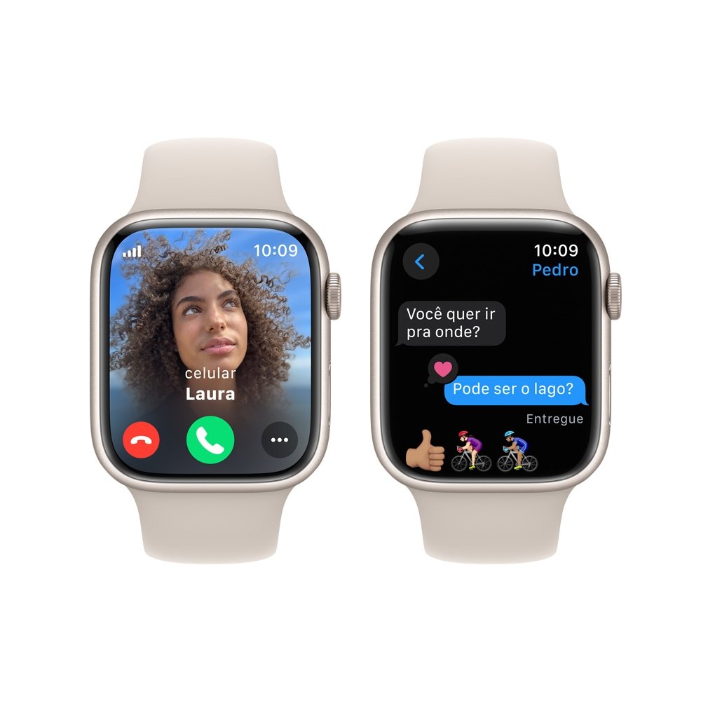 Imagem 6 de 11 do produto Apple Watch Series 9 45mm GPS + Cellular Caixa Estelar de Alumínio, Pulseira Esportiva Estelar, Tamanho P/M, Neutro em Carbono - MRM83BZ/A