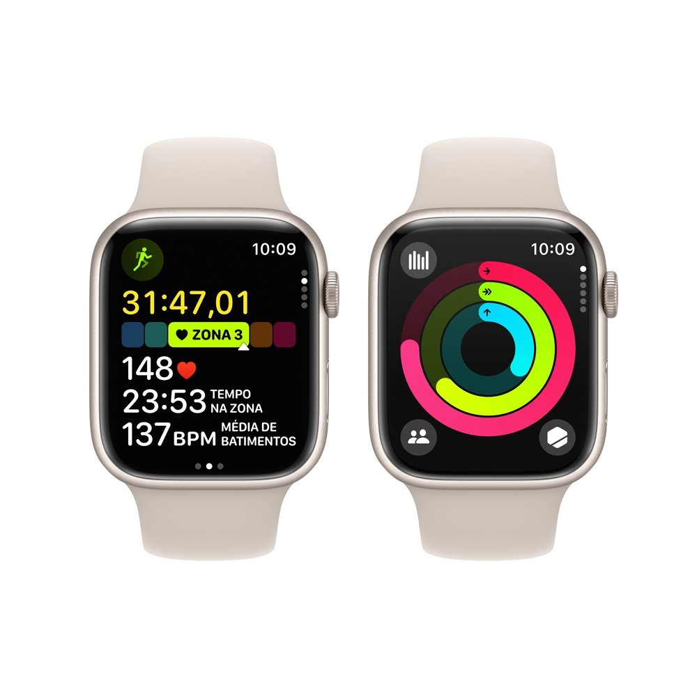 Imagem 8 de 11 do produto Apple Watch Series 9 45mm GPS + Cellular Caixa Estelar de Alumínio, Pulseira Esportiva Estelar, Tamanho P/M, Neutro em Carbono - MRM83BZ/A