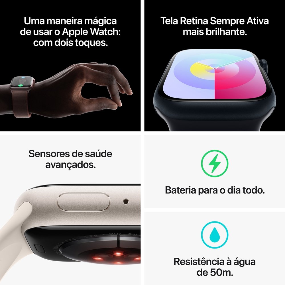 Imagem 9 de 11 do produto Apple Watch Series 9 45mm GPS + Cellular Caixa Estelar de Alumínio, Pulseira Esportiva Estelar, Tamanho P/M, Neutro em Carbono - MRM83BZ/A
