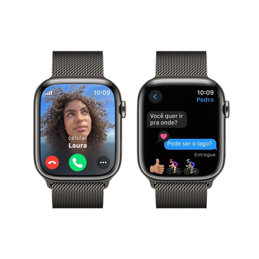 Imagem 6 de 11 do produto Apple Watch Series 9 GPS + Cellular, Caixa Grafite de Aço Inoxidável de 45mm, Pulseira Grafite Estilo Milanês, Neutro em Carbono - MRMX3BZ/A