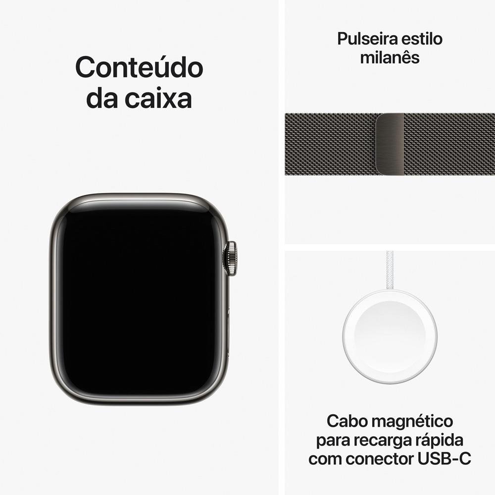 Imagem 10 de 11 do produto Apple Watch Series 9 GPS + Cellular, Caixa Grafite de Aço Inoxidável de 45mm, Pulseira Grafite Estilo Milanês, Neutro em Carbono - MRMX3BZ/A