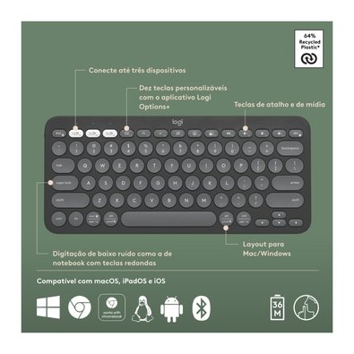 Teclado Sem Fio Logitech, Bluetooth e USB, Pebble Keys 2 K380s, Easy-Switch e Pilha Inclusa, Grafite - 920-011789