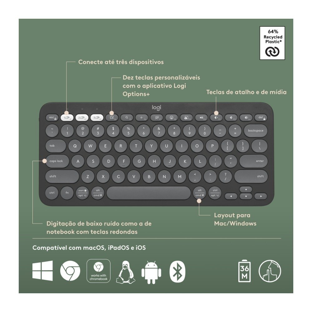 Teclado Sem Fio ( Balão.info), Bluetooth e USB, Pebble Keys 2 K380s, Easy-Switch e Pilha Inclusa, Grafite - 920-( Balão.info - foto 7