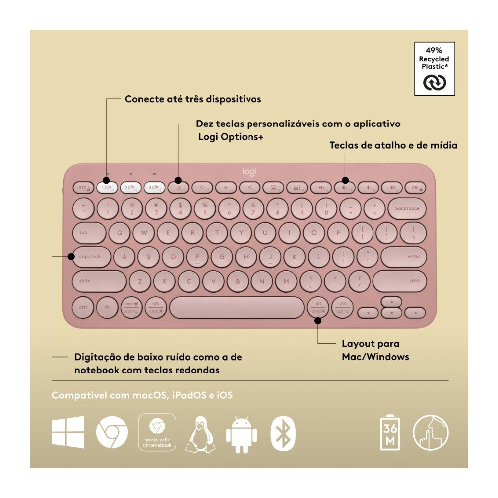 Teclado Sem Fio ( Balão.info), Bluetooth e USB, Pebble Keys 2 K380s, Easy-Switch e Pilha Inclusa, Rosa - 920-( Balão.info - foto 7