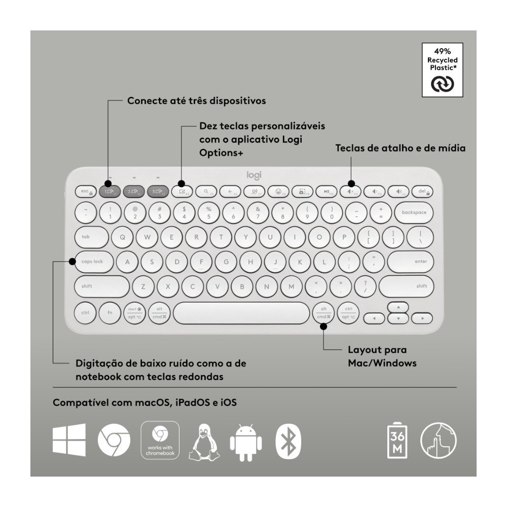 Teclado Sem Fio ( Balão.info), Bluetooth e USB, Pebble Keys 2 K380s, Easy-Switch e Pilha Inclusa, Branco - 920-( Balão.info - foto 7