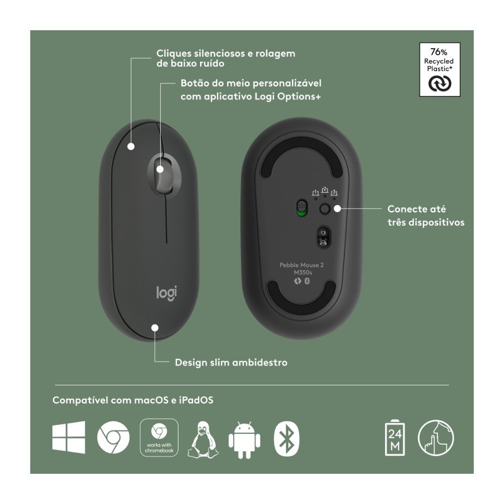 Mouse Sem Fio ( Balão.info) Pebble 2 M350s, Bluetooth, Pilha Inclusa, com Clique Silencioso, Grafite - 910-( Balão.info - foto 6
