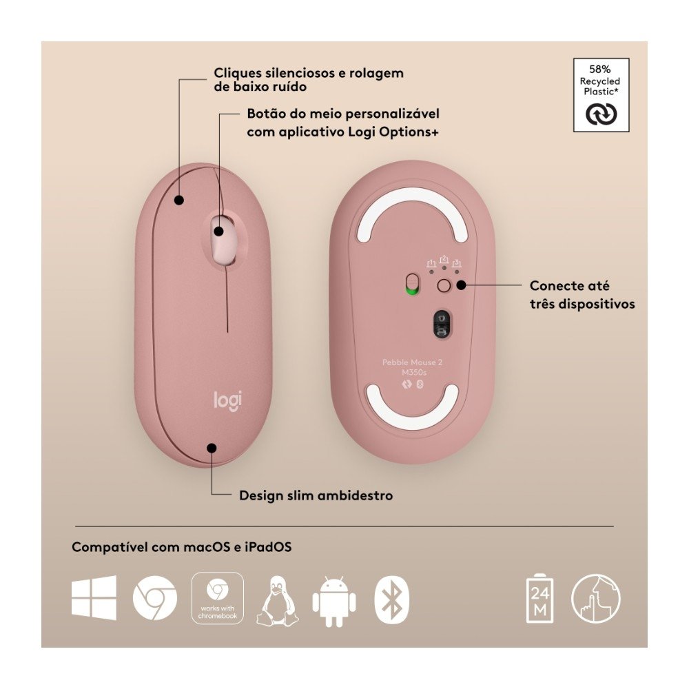 Mouse Sem Fio ( Balão.info) Pebble 2 M350s, USB Logi Bolt ou Bluetooth e Pilha Inclusa, com Clique Silencioso, Rosa- 910-( Balão.info - foto 6