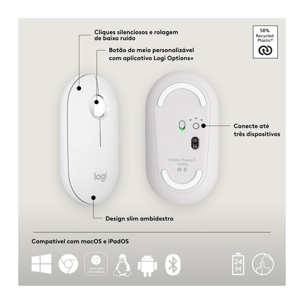 Mouse Sem Fio ( Balão.info) Pebble 2 M350s, USB Logi Bolt ou Bluetooth e Pilha Inclusa, com Clique Silencioso, Branco - 910-( Balão.info - foto 6
