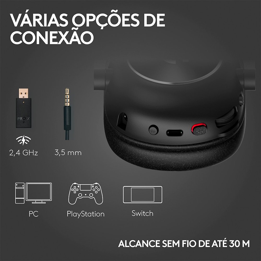 Imagem 5 de 9 do produto Headset Gamer Sem Fio Logitech G Pro X 2 Lightspeed, Driver 50mm, Bluetooth, USB e 3.5mm, para PC, Playstation e Switch, Preto - 981-001262