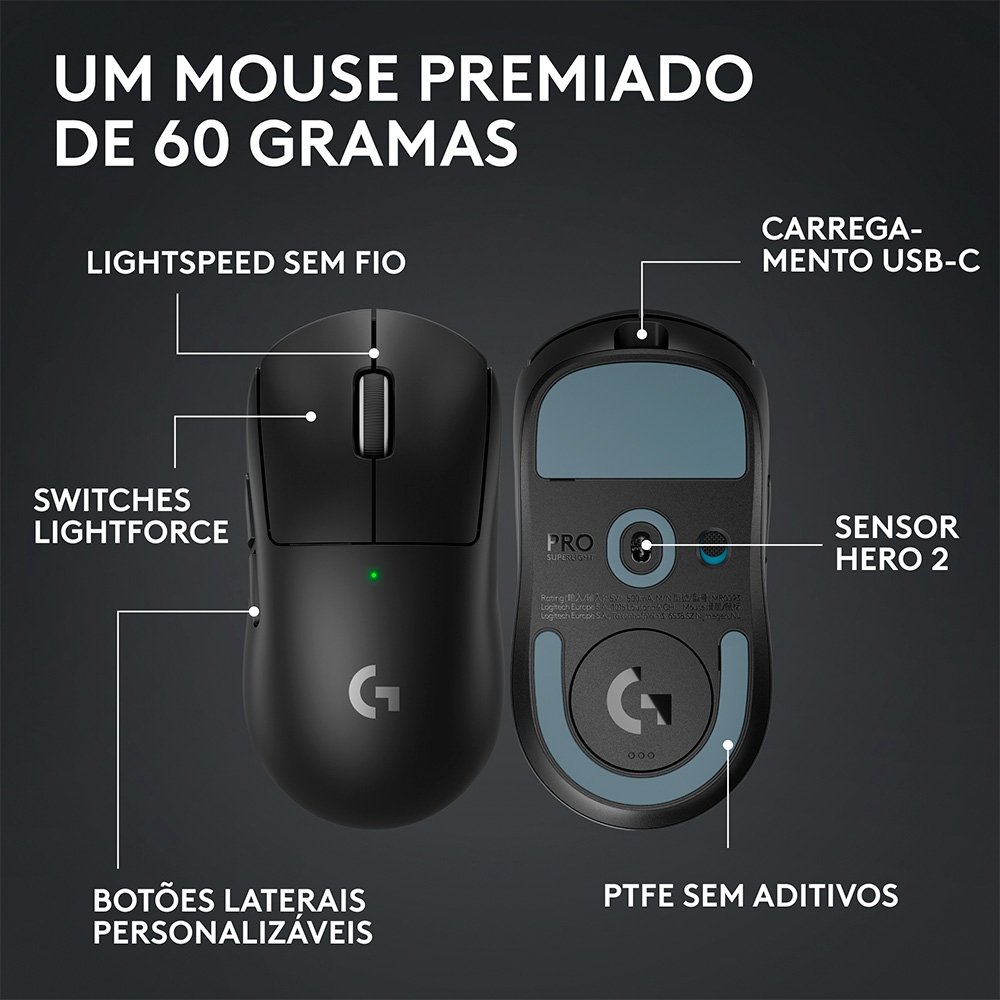 Mouse Gamer Sem Fio Logitech G Pro X Superlight 2 com Lightspeed, 32000 DPI, Sensor Hero 2, com Bateria Recarregável, Preto - 910-006629 - view 6