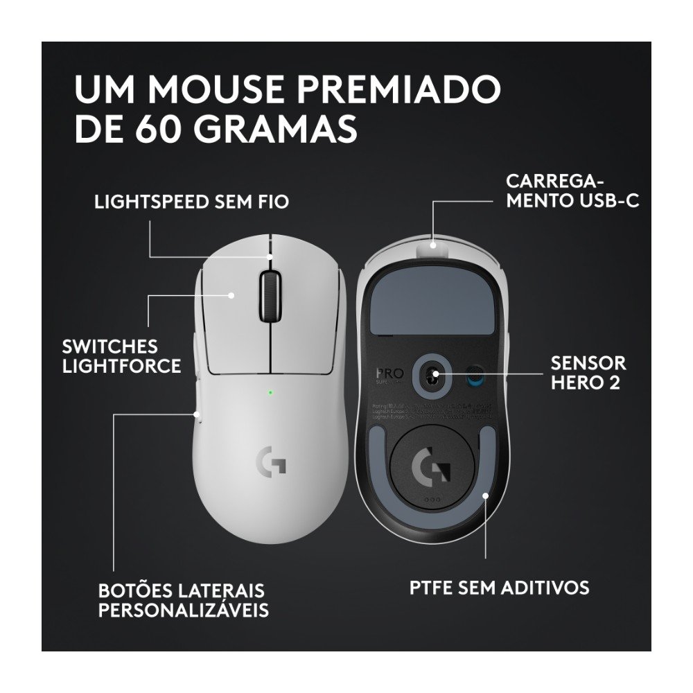 Imagem 6 de 13 do produto Mouse Gamer Sem Fio Logitech G Pro X Superlight 2 com Lightspeed, 32000 DPI, Sensor Hero 2, com Bateria Recarregável, Branco - 910-006637