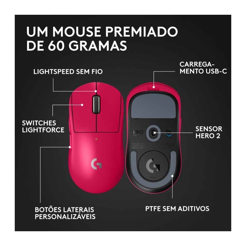 Mouse Gamer Sem Fio Logitech G Pro X SUPERLIGHT 2 com Lightspeed, Sensor HERO 2 com 32K DPI e Bateria Recarregável, Rosa Magenta - 910-006796 - view 6
