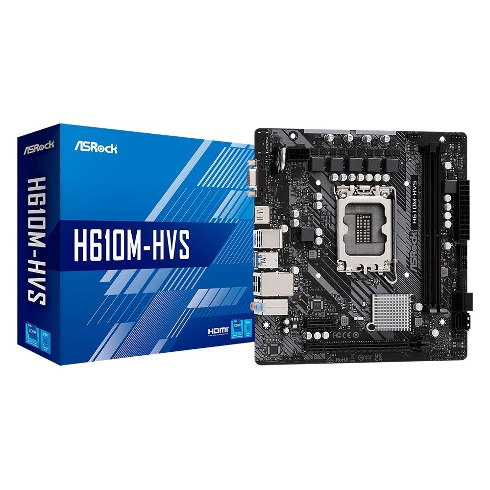 Placa-Mãe ASRock H610M-HVS Intel, M-ATX, DDR4, Socket LGA 1700, HDMI, VGA, Preto Placa-Mãe ASRock H610M-HVS Intel, M-ATX, DDR4, Socket LGA 1700, HDMI, VGA, Preto