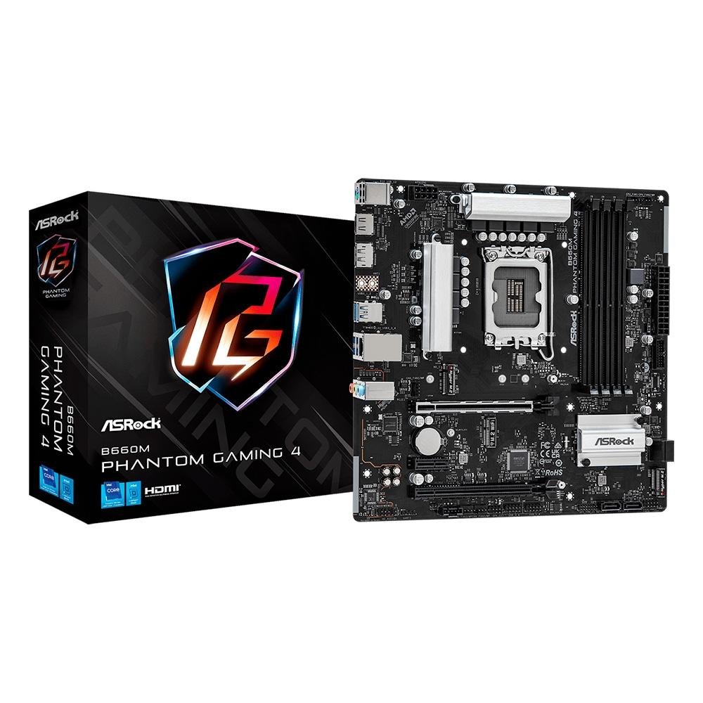 Placa-Mãe ASRock B660M Phantom Gaming 4, Intel, M-ATX, DDR4, Socket, LGA 1700, Preto Placa-Mãe ASRock B660M Phantom Gaming 4, Intel, M-ATX, DDR4, Socket, LGA 1700, Preto
