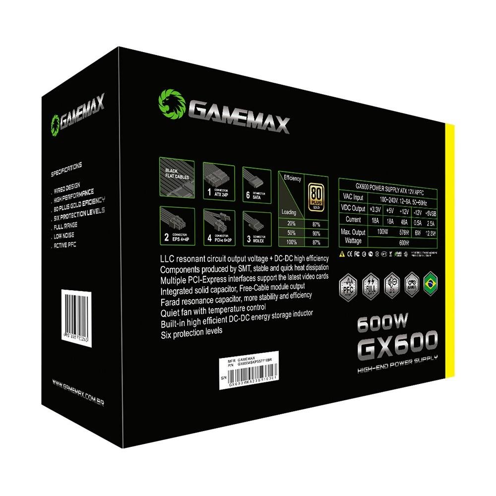 Fonte Gamemax GX600, 600W, 80 Plus Gold, PFC Ativo, Com Cabo, Preto - GX600WBKPSS7710BR Fonte Gamemax GX600, 600W, 80 Plus Gold, PFC Ativo, Com Cabo, Preto - GX600WBKPSS7710BR