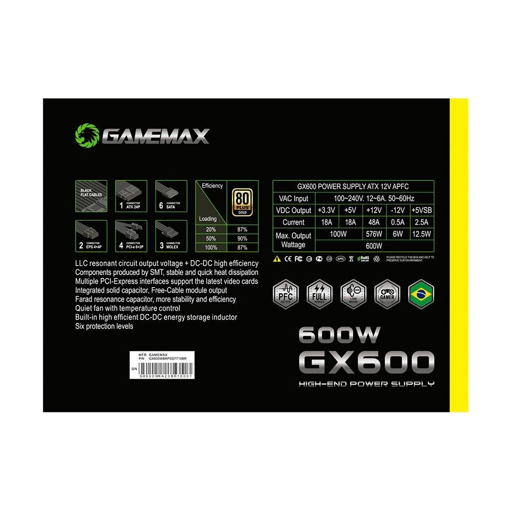 Imagem 8 de 8 do produto Fonte Gamemax GX600, 600W, 80 Plus Gold, PFC Ativo, Com Cabo, Preto - GX600WBKPSS7710BR