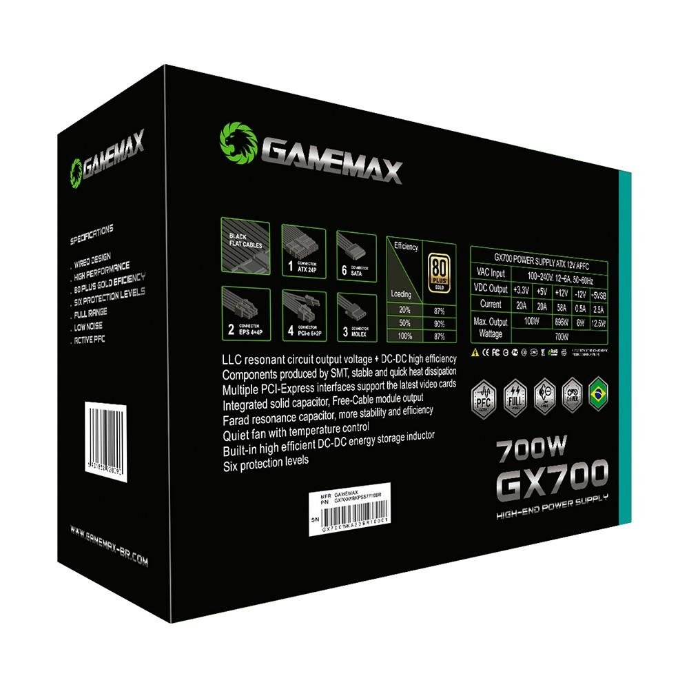 Imagem 7 de 9 do produto Fonte Gamemax GX700, 700W, 80 Plus Gold, PFC Ativo, Com Cabo, Preto - GX700WBKPSS7710BR