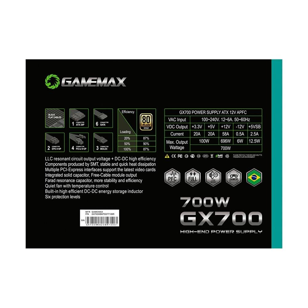 Imagem 9 de 9 do produto Fonte Gamemax GX700, 700W, 80 Plus Gold, PFC Ativo, Com Cabo, Preto - GX700WBKPSS7710BR