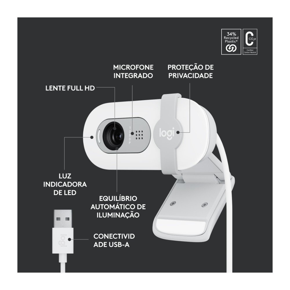 Imagem 7 de 10 do produto Webcam Logitech Brio 100 Full HD 30 FPS, Microfone, USB-A, Correção Automática, Branco - 960-001615