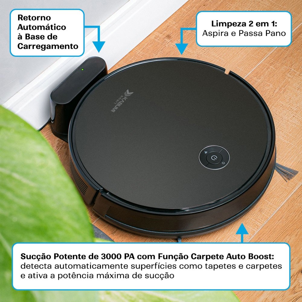Imagem 5 de 5 do produto Robô Aspirador e Passa Pano KABUM! smart 550 - 3000Pa, Até 100min Bateria, Monitoramento em Tempo Real, Alexa/Google, Bivolt, Preto - KSAR550PT