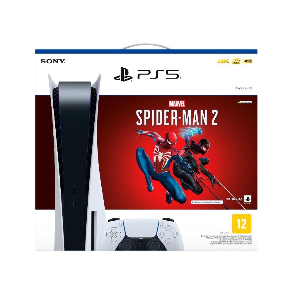 Console Playstation 5 Sony, SSD 825GB, Controle sem fio DualSense, Com Mídia Física + Jogo Marvels Spider-Man 2 - 1000037788