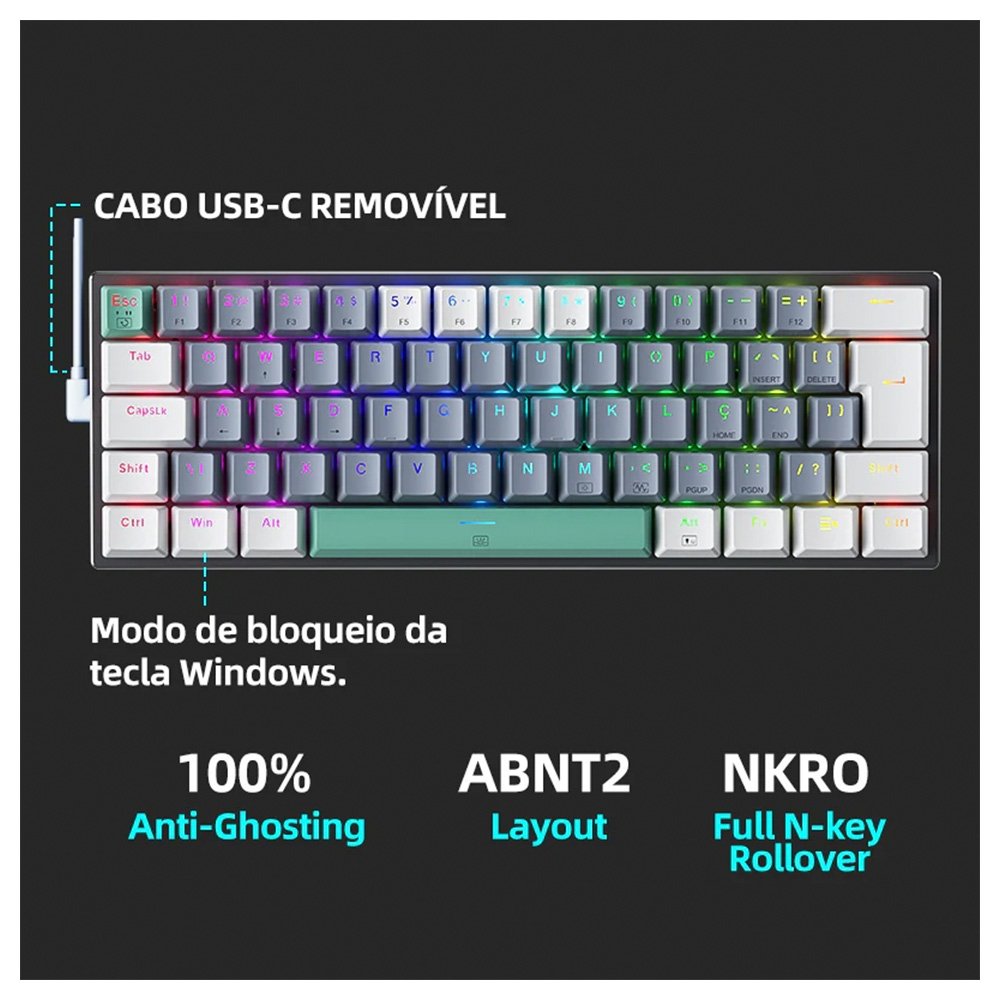 Teclado Mecânico Gamer Machenike K500-B61, RGB, Switch Huano Brown, Cinza - MAC-K500-B61GBR-WW Teclado Mecânico Gamer Machenike K500-B61, RGB, Switch Huano Brown, Cinza - MAC-K500-B61GBR-WW