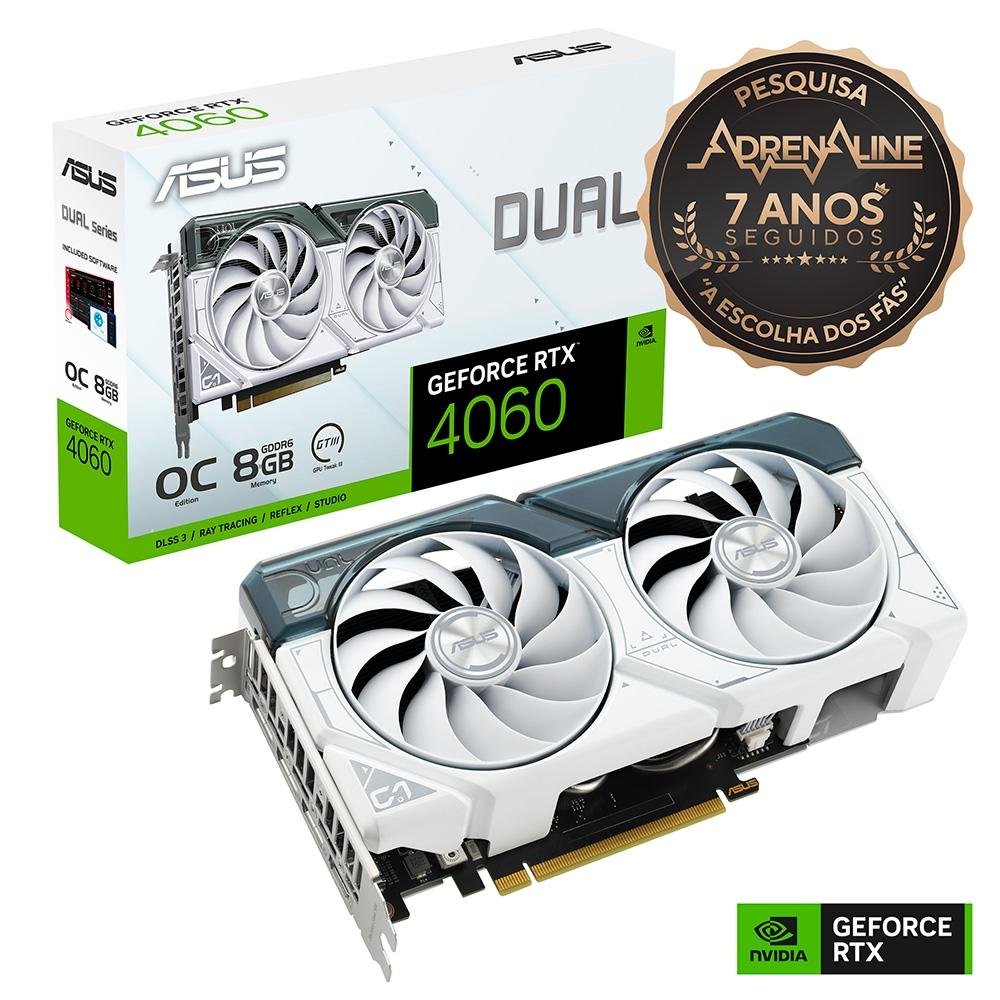 Placa de Vídeo RTX 4060 Dual OC 8G White NVIDIA GeForce, 8GB, GDDR6, DLSS, Ray Tracing, G-Sync - 90YV0JC2-M0NA00