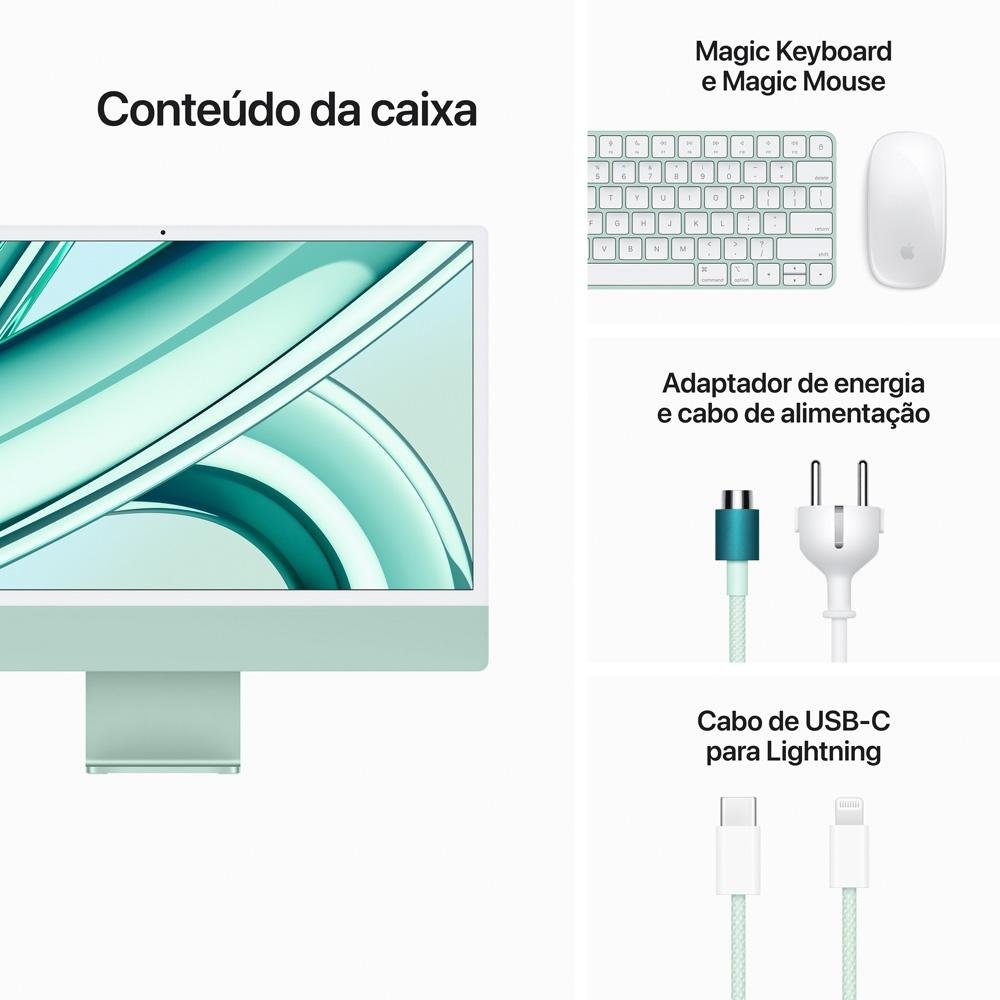 Imagem 9 de 9 do produto iMac Apple Tela Retina 24" 4.5K, Chip M3, CPU 8 Núcleos GPU 8  Núcleos, SSD 256GB, Verde - MQRA3BZ/A