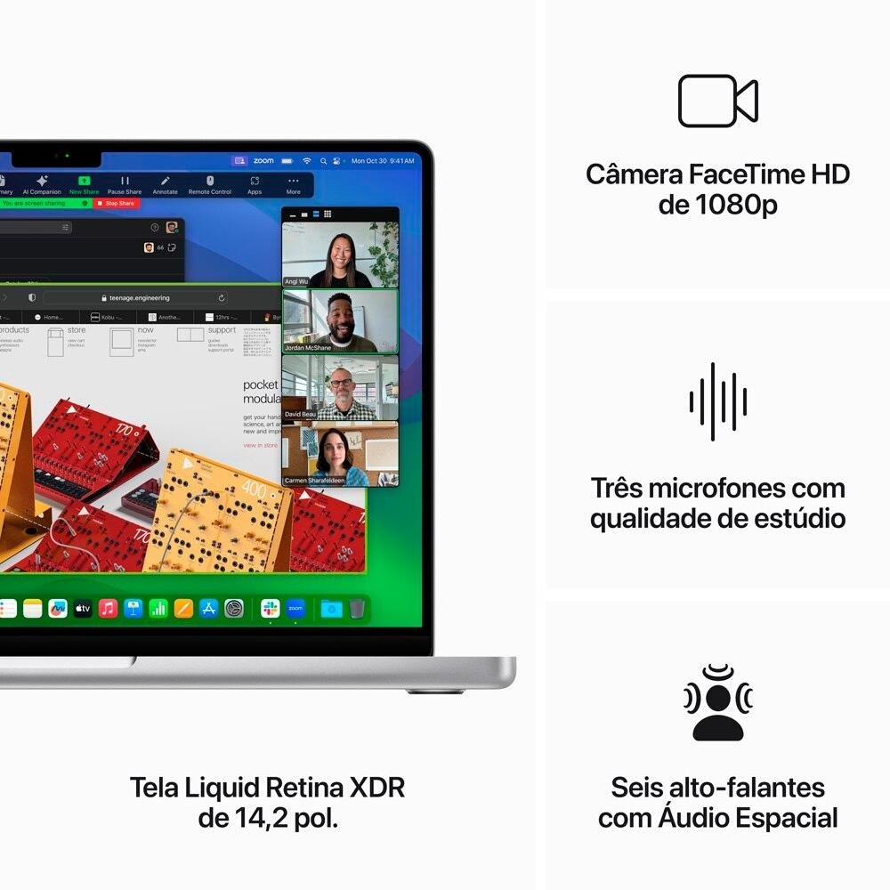 MacBook Pro Apple 14", M3, CPU 8 núcleos, GPU 10 Núcleos, 8GB RAM, SSD 1TB, Prateado - MR7K3BZ/A MacBook Pro Apple 14", M3, CPU 8 núcleos, GPU 10 Núcleos, 8GB RAM, SSD 1TB, Prateado - MR7K3BZ/A