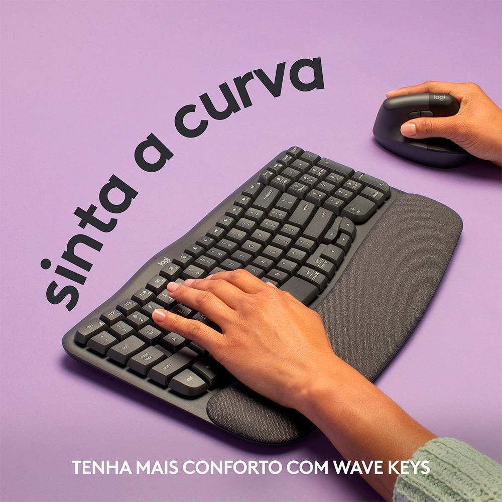 Imagem 5 de 13 do produto Teclado Sem Fio Logitech Wave Keys, Bluetooth, Layout US, Com Design Ondulado, Ergonômico, Grafite - 920-012281