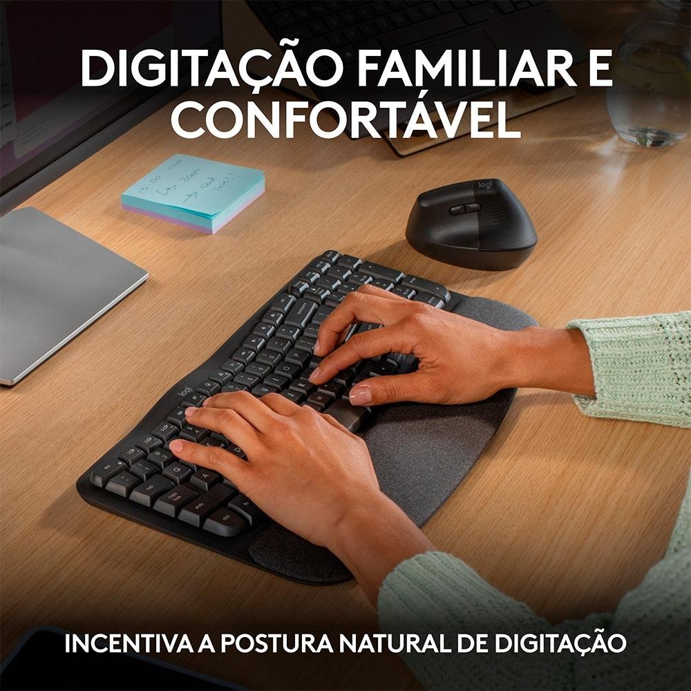 Imagem 6 de 13 do produto Teclado Sem Fio Logitech Wave Keys, Bluetooth, Layout US, Com Design Ondulado, Ergonômico, Grafite - 920-012281