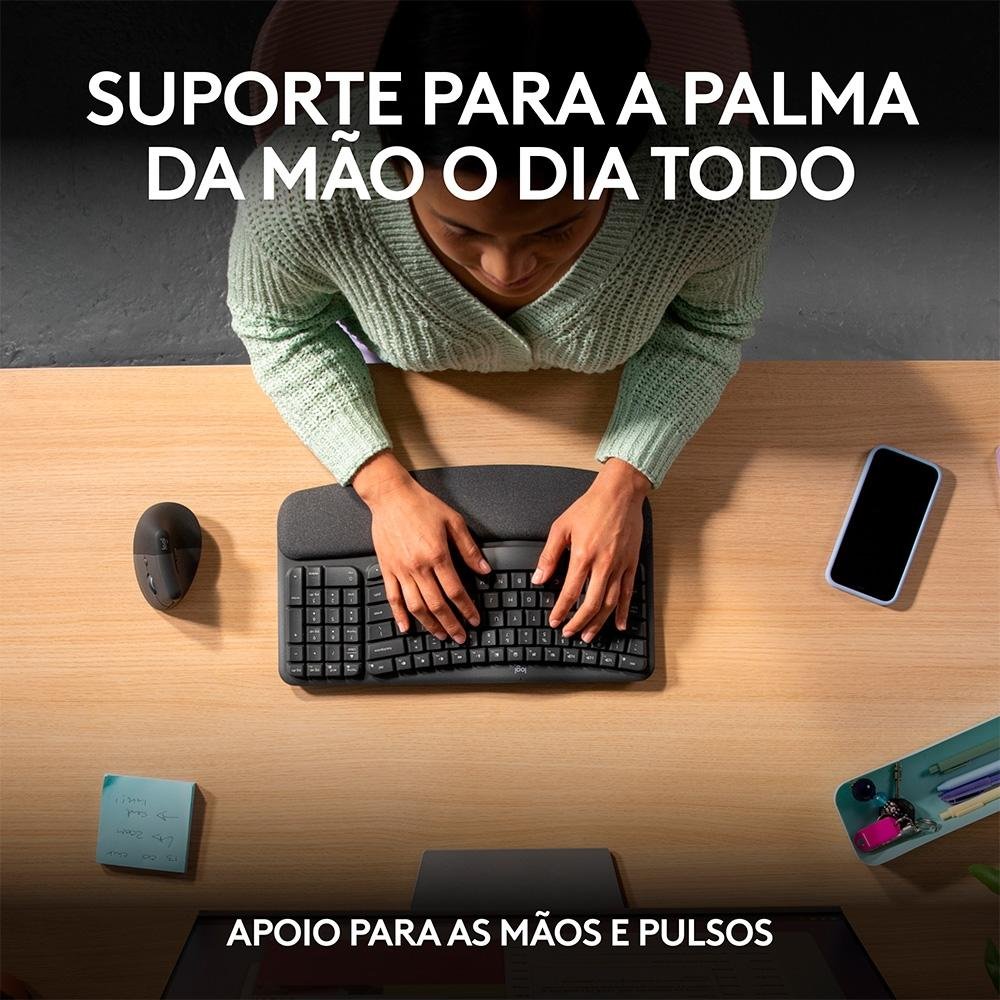 Imagem 7 de 13 do produto Teclado Sem Fio Logitech Wave Keys, Bluetooth, Layout US, Com Design Ondulado, Ergonômico, Grafite - 920-012281