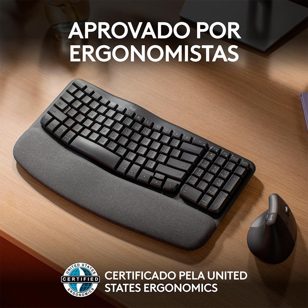 Imagem 8 de 13 do produto Teclado Sem Fio Logitech Wave Keys, Bluetooth, Layout US, Com Design Ondulado, Ergonômico, Grafite - 920-012281