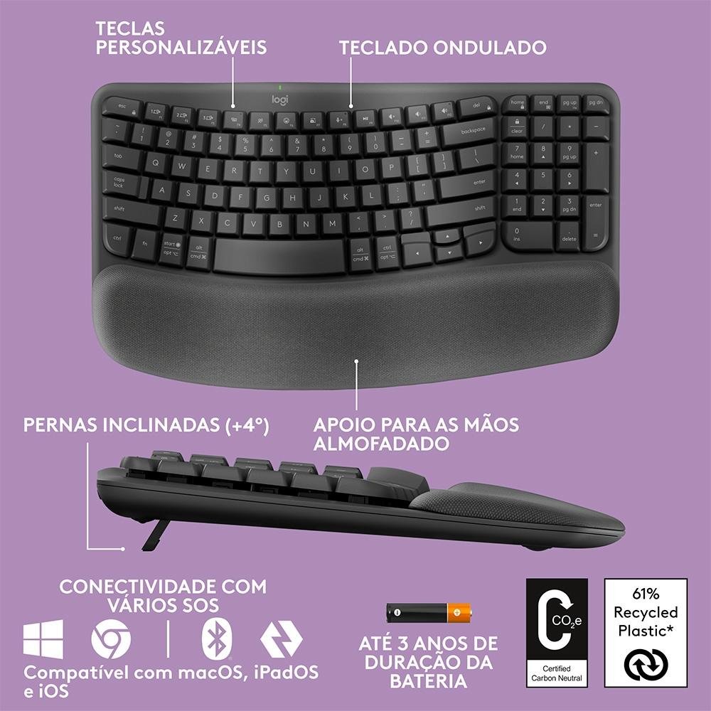 Imagem 9 de 13 do produto Teclado Sem Fio Logitech Wave Keys, Bluetooth, Layout US, Com Design Ondulado, Ergonômico, Grafite - 920-012281
