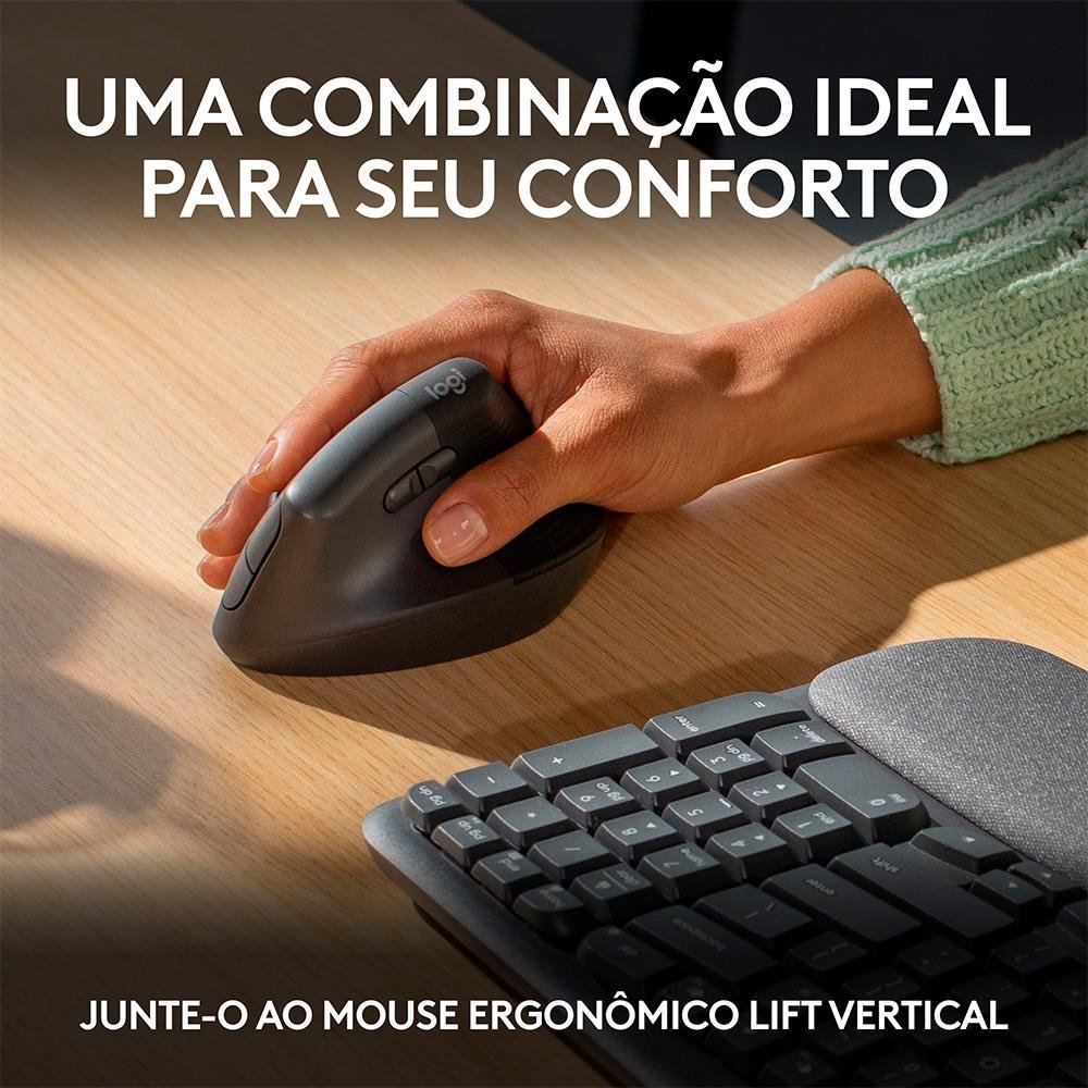 Imagem 11 de 13 do produto Teclado Sem Fio Logitech Wave Keys, Bluetooth, Layout US, Com Design Ondulado, Ergonômico, Grafite - 920-012281